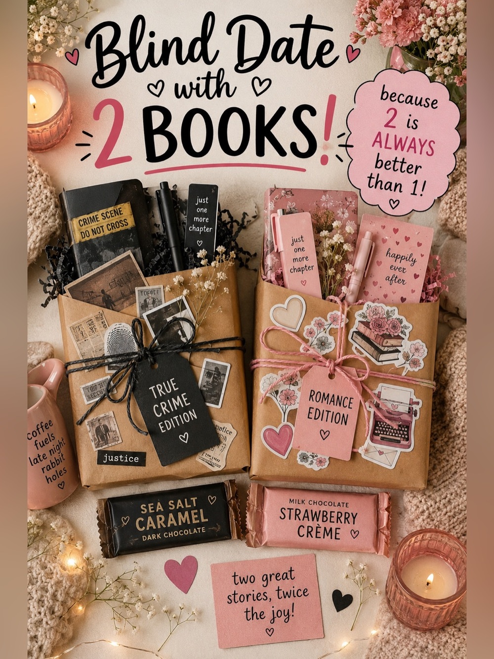 Blind Date Book Pair — Romance Edition (Pink) & True Crime Edition (Brown)